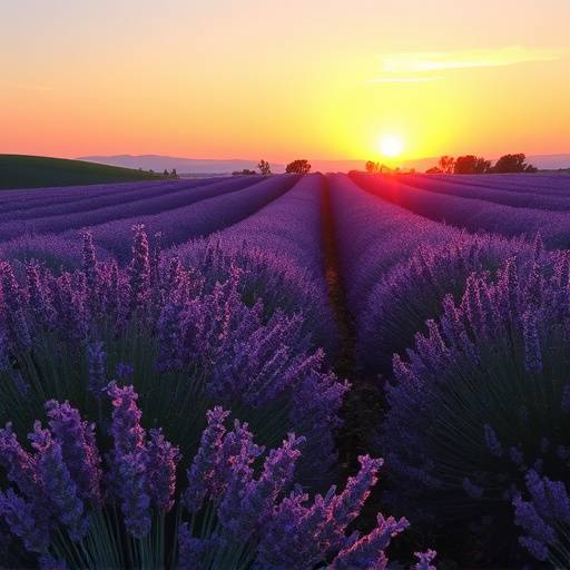 Champs de lavande en Provence au coucher du soleil, avec des couleurs violettes et orangées.